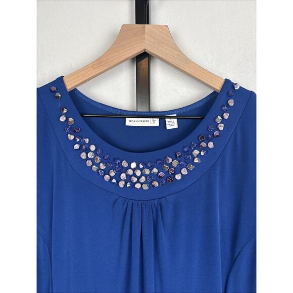 Susan Graver Liquid Knit Midi Shift Dress Women's Large Blue Beaded Neckline - Picture 3 of 10